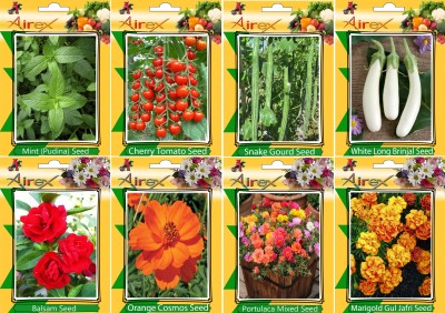 Airex Mint, Tomato Cherry, Snake Gourd, White Long Brinjal, Balsam, Orange Cosmos, Portulaca Mixed and Marigold Gul Jafri (Summer) Seed (Pack Of 20 Seed * 8 Per Packet Seed(20 per packet)