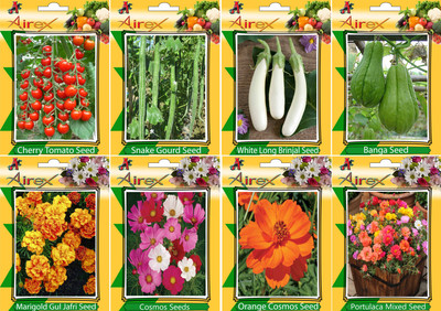 

Airex Tomato Cherry, Snake Gourd, White Long Brinjal, Banga, Cosmos Mixed, Orange Cosmos , Portulaca Mixed and Marigold Gul Jafri Seed (Pack Of 20 Seed * 8 Per Packet Seed(20 per packet)