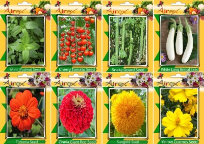 Airex Mint, Tomato Cherry, Snake Gourd, White Long Brinjal, Tithonia, Red Zinnia, Sungold and Yellow Cosmos Seed (Pack Of 25 Seed * 8 Per Packet) Seed(25 per packet)