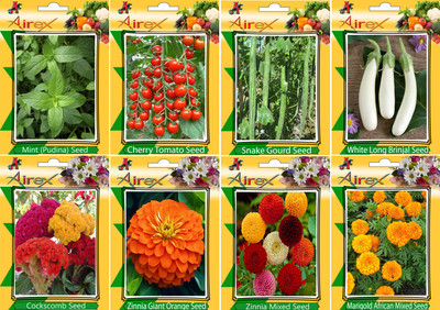 

Airex Mint, Tomato Cherry, Snake Gourd, White Long Brinjal,Cockscomb, Orange Zinnia,Zinnia Mixed and Marigold African Mixed Seed + Humic Acid Fertilizer (For Growth of All Plant and Better Responce) + 15 gm Humic Acid + Pack Of 30 Seeds * 7 Per Packet + 1