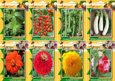 Airex Mint, Tomato Cherry, Snake Gourd, White Long Brinjal, Tithonia, Red Zinnia, Sungold and Balsam Rose Gulab Seed (Pack Of 20 Seed * 8 Per Packet Seed(20 per packet)