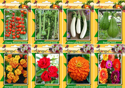 

Airex Tomato Cherry, Snake Gourd, White Long Brinjal, Banga, Balsam, Orange Cosmos , Zinnia Mixed and Marigold African Mixed Seed (Pack Of 15 Seed * 8 Per Packet Seed(15 per packet)