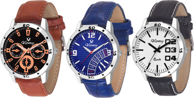 

VIOMY 3G7005- PARTY WEAR COMPLETE COMBO WITH BLACK, BLUE & WHITE DIAL IN LEATHER STRAP FOR BOYS & MEN'S Watch - For Men