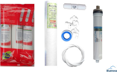 

Bluenova 1 Year RO service Kit with Hi-Tech Inline set, Hi-tech 80 GPD membrane, Spun and Other Accessories Solid Filter Cartridge(5, Pack of 9)