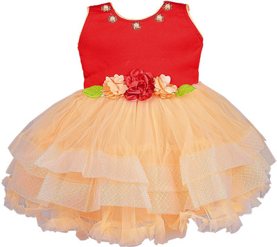 Wishkaro Girls Midi/Knee Length Party Dress(Red, Sleeveless)