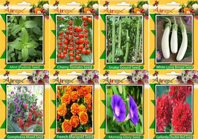 

Airex Mint, Tomato Cherry, Snake Gourd, White Long Brinjal, Gomphrena Mixed, French Marigold, Morning Glory and Gaillardia Double Red (Summer) Seed (Pack Of 20 Seed * 8 Per Packet Seed(20 per packet)