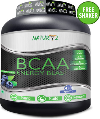 

NATURYZ Pure BCAA ENERGY BLAST 2:1:1 ratio with 7000 BCAA’s, Glutamine, Citrulline & Beta Alanine with Electrolyte Blend for the complete Intra-Workout supplement, (Blueberry Mojito Flavor) - 450gms with a FREE SHAKER BCAA(450 g, Blueberry)