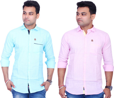 La Milano Men Solid Casual Light Blue, Pink Shirt(Pack of 2)