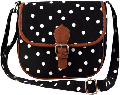 

DNZ Women Casual Black, White Canvas, Leatherette Sling Bag