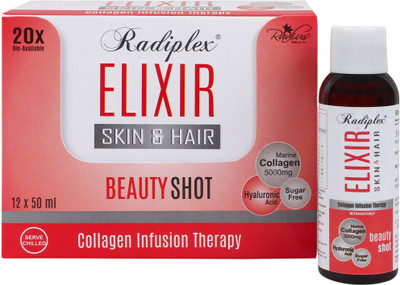 

Radiplex Elixir Beauty Shot For Skin & Hair - 5000 mg Marine Collagen, Hyaluronic Acid, Coenzyme Q10 & Other Nutrients | Best Collagen Shots | Increses Skin Hydration & Skin Firmness (Pack of 12 Shots) (12 No)