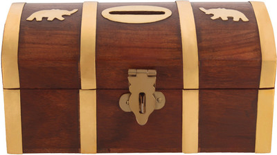 Damdar Online Bazaar Decorative Handmade Wooden Money Bank/Piggy Bank/Coin Bank{Size(Inch):2.7x2.8x5.5 /DGR-ENTP-0252} Coin Bank(Brown)