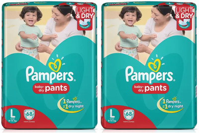

Pampers BABY DRY PANTS, LARGE SIZE, 68 Pcs. PACK, SET OF 2 PACKS, FOR BABY WEIGHT 9-14 Kgs. - L(136 Pieces)