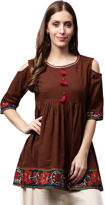 Nayo Women Printed Flared Kurta(Brown)
