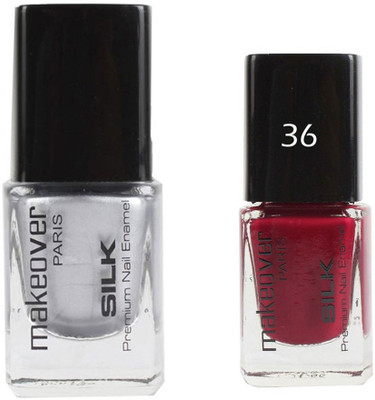 

Makeover Professional Nail Paint Combo Hot-Silk-Silver-14 , Dark-Magneta-36 (9 ml, Pack of 2) Multi(Pack of 2)