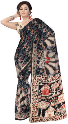 Redbrickshop Printed, Floral Print Kalamkari Cotton Blend Saree(Black)