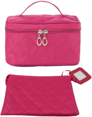 

RK Brands Beautiful imported satin set of 2 Makeup Bag with attached mirror Makeup Vanity Box(Pink, Red)