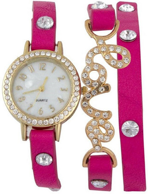 

Freny Exim Attractive And Beautiful Fashion Trendy Pink Leather Diamond Studded Pink Belt With Round Dial FE_Lv_Dr_Pink Watch - For Women