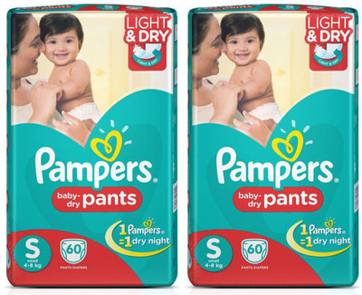 

Pampers BABY DRY PANTS, SIZE SMALL, 60 Pcs. PACK, SET OF 2 PACKS, FOR BABY WEIGHT 4-8 Kgs. - S(120 Pieces)