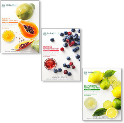 

Mirabelle KOREA FAIRNESS FACIAL MASK (PAPAYA, BERRIES, LEMON - PBL - COMBO PACK OF 3)(25 ml)