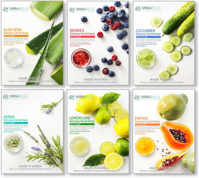 

Mirabelle KOREA FAIRNESS FACIAL MASK (ALOEVERA, BERRIES, CUCUMBER, HERBS, LEMON, PAPAYA - COMBO PACK OF 6)(25 ml)