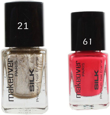 

Makeover Professional Nail Paint Combo Hot-Silk-Golden-21 , Pouch-Pink-61 (9 ml, Pack of 2) Multi(Pack of 2)
