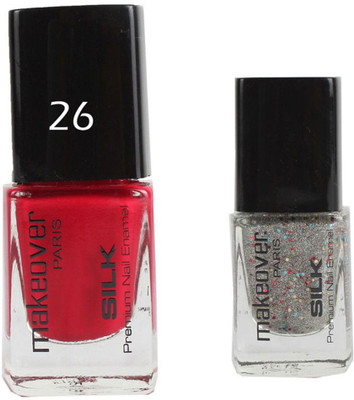 

Makeover Professional Nail Paint Cherry Red-26 , Nail Paint Sparking Silver-33 Multi(Pack of 2)