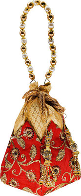 

Bagaholics Ethnic Silk Clutch Potli Batwa Pouch Bag with Embroidery and Metal Beadwork Gift For Women Potli(Red)