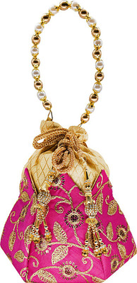 

Bagaholics Ethnic Silk Clutch Potli Batwa Pouch Bag with Embroidery and Metal Beadwork Gift For Women Potli(Pink)