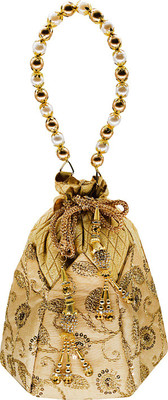 

Bagaholics Ethnic Silk Clutch Potli Batwa Pouch Bag with Embroidery and Metal Beadwork Gift For Women Potli(Gold)