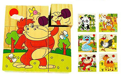 TALKING GANESHA 6 in 1 Wood Block Jigsaw Puzzles for small Kids (Funny Animals)(9 Pieces)