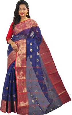 Avik Creations Solid, Embroidered, Embellished, Self Design Tant Handloom Cotton Saree(Blue, Red, Gold) Flipkart