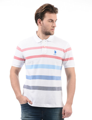 U.S. POLO ASSN. Striped Men Polo Neck White T-Shirt