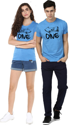 Young trendz Graphic Print Couple Round Neck Blue T-Shirt(Pack of 2)