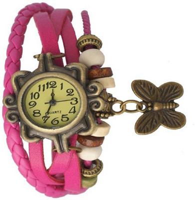 

Freny Exim Treny and precious Butterfly pink leather bracelet strap round dial Watch - For Girls