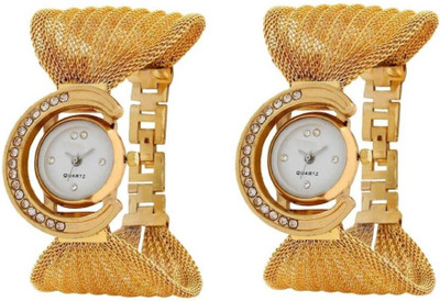 

Freny Exim set of 2 Gold colour half round diamond studded dial with treny golden bracelet strap Watch - For Girls