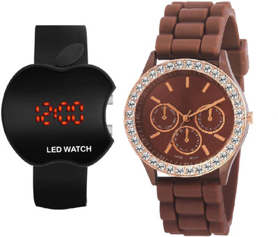 

faas BROWN Rubber Belt Crystal Studded With Black Apple LED Watch - For Boys & Girls