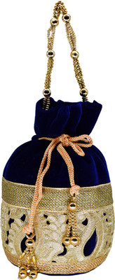 

Bagaholics Ethnic Clutch Velvet Potli Batwa Pouch Bag with Metal Beadwork Gift For Women Potli Potli(Blue)