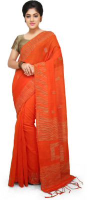 WoodenTant Embroidered Tant Cotton Silk Saree(Orange)