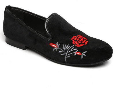 

Bare Skin Men side velvet grey stem rose embriodey slip on shoe Casuals For Men(Black