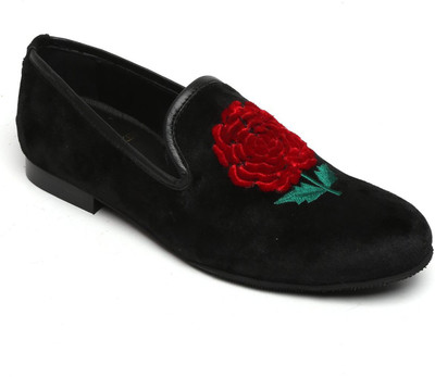 

Bare Skin Men black color open patels velvet embroidery slip shoe Casuals For Men(Black