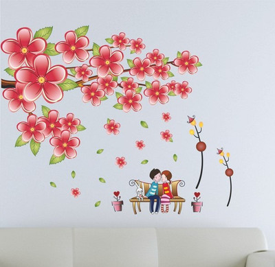 Happy Walls 90 cm Romantic Lovers Under Bright Red Flower Branch In A Park Removable Sticker(Pack of 1)