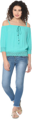hrikshika fashion Casual 3/4 Sleeve Lace Women Light Green Top