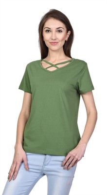 KALT Casual Half Sleeve Solid Women Green Top