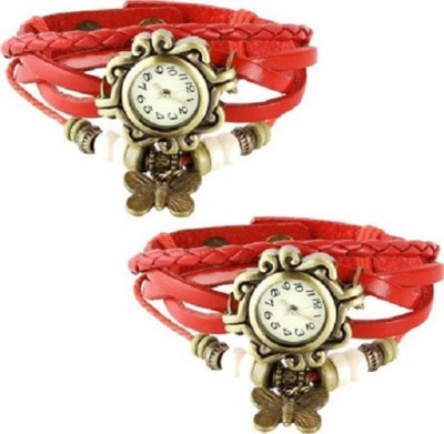 Talgo New Arrival Festive Season Special TGDORIRD2 Red Colour Round Dial Leaher Dori Strape (Combo of 2) TGDORIRD2 Watch - For Girls