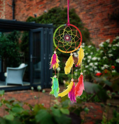 ILU Dreamcatcher Wall Hanging Handmade Beaded Circular Net Decoration Ornament Size 8 CM Diameter Wool Windchime(8 inch, Multicolor) available at flipkart for Rs.180