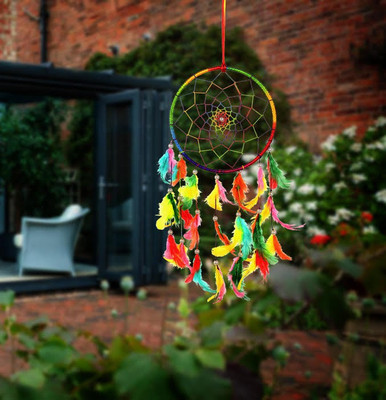 ILU Dreamcatcher Wall Hanging Handmade Beaded Circular Net Decoration Ornament Size 16 CM Diameter Wool Windchime(16 inch, Multicolor) available at flipkart for Rs.230