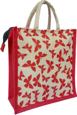 

styles creation Butterfly Printed Jute Lunch Bag Waterproof Lunch Bag(Red, White, 11 inch)