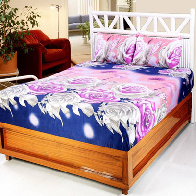 manvicreations 140 TC Polycotton Double Floral Fitted (Elastic) Bedsheet(Pack of 3, Blue)