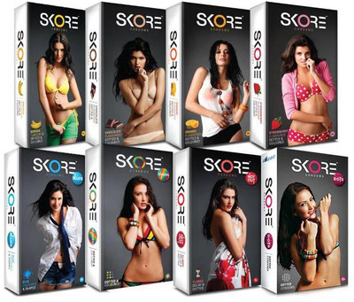 SKORE Condoms Honeymoon 8 Variants Combo - 10 Packs Each Of 8 Variants Condom(Set of 8, 80 Sheets)