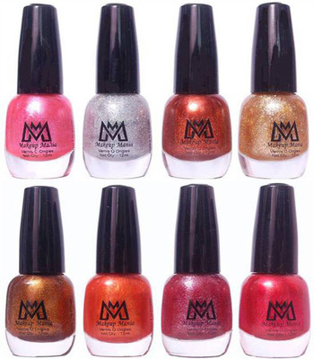 

Makeup Mania Premium Nail Polish - Combo of 8 Unique Glitter Nail Paint - (MM# 11-12) Glitter, Pink, Silver, Golden, Brown, Orange, Red(Pack of 8)
